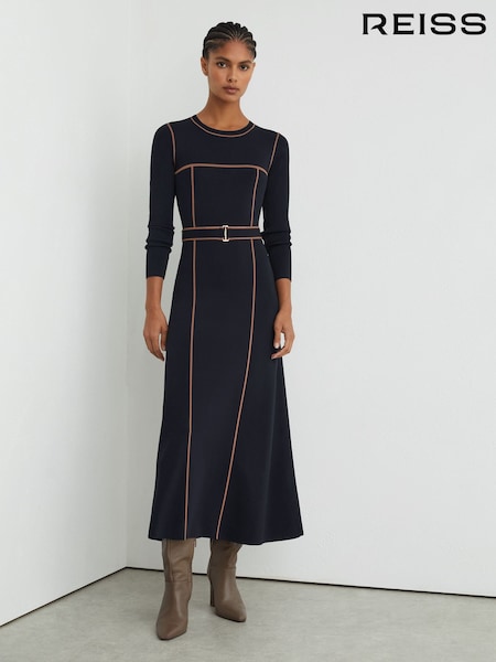 Navy/Camel - Reiss Etta Colour-block Knitted Midi Dress