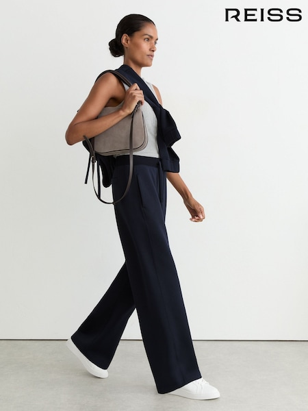 Navy - Reiss Laney Premium Interlock Wide-leg Joggers