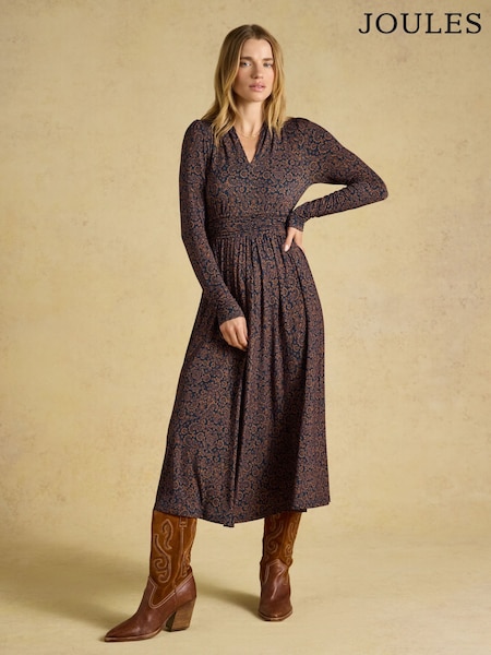 Navy Floral - Joules Mina Jersey V Neck Ruched Waist Midi Dress