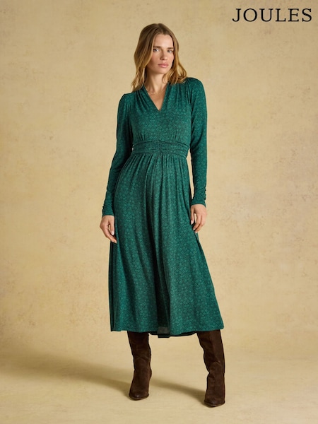 Green Floral - Joules Mina Jersey V Neck Ruched Waist Midi Dress