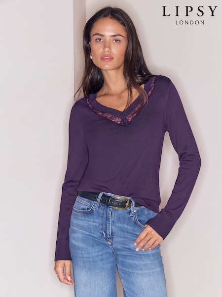 Purple - Lipsy Lace Insert Knitted Jumper