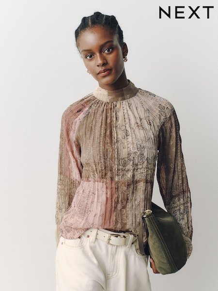 Brown/Pink Paisley Patchwork Print - Textured High Neck Long Sleeve Blouse