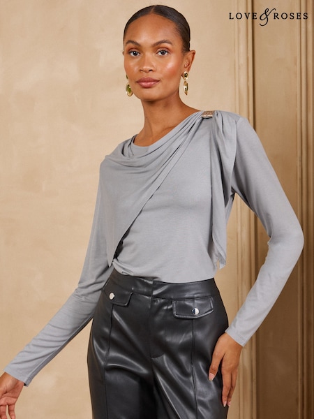 Grey - Love & Roses Hardwear Cape Long Sleeve Jersey Top