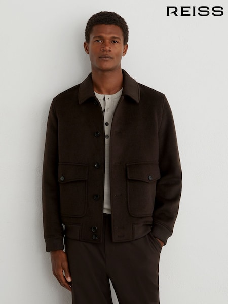 Chocolate Brown - Regular Reiss Deluca Wool-blend Flap-pocket Bomber Jacket