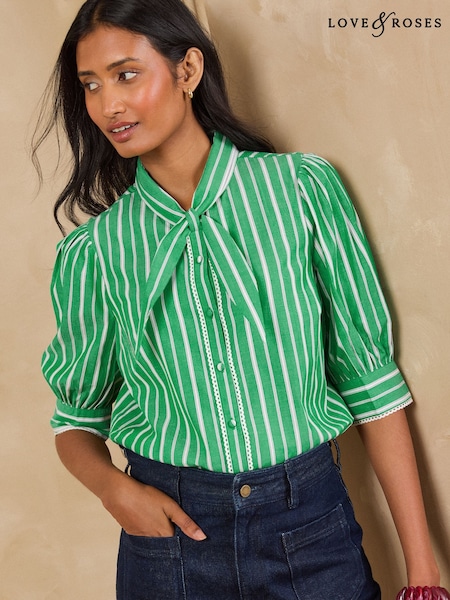 Green Stripe - Love & Roses Tie Neck Blouse