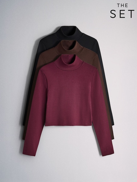Black/Brown/Burgundy - The Set 3 Pack High Neck Cropped Long Sleeve Tops