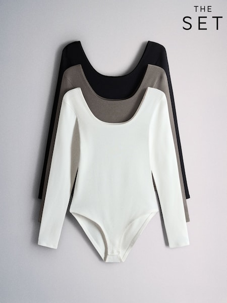 Black/Brown/Cream - The Set 3 Pack Ribbed Long Sleeve Bodysuits