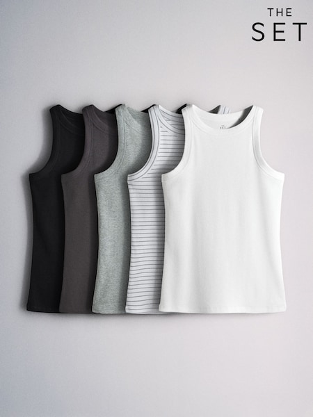 Grey/Black/Charcoal/White - The Set 5 Pack Racer Ribbed Vests