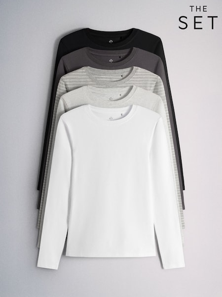 Pelēks - The Set 5 Pack Skinny Fit Crew Neck Long Sleeve T-shirts