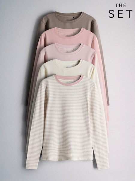 Pink/Cream/Stripe/Taupe - The Set 5 Pack Fitted Crew Neck Long Sleeve T-shirts