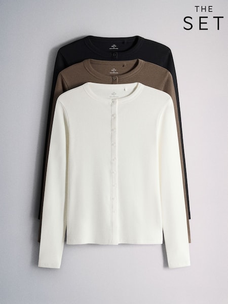 Brun/Sort/Ecru - The Set 3 Pack Long Sleeve Button Through Rib T-shirt