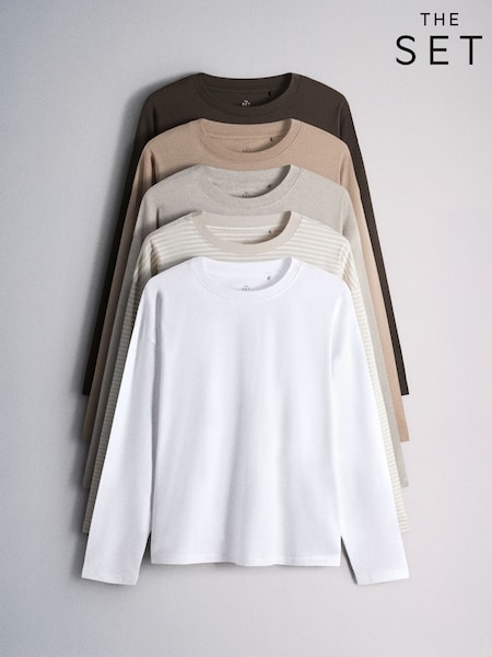 Brown/Neutral/Oat/Stripe/White - The Set 5 Pack 100% Cotton Relaxed Long Sleeve T-shirts