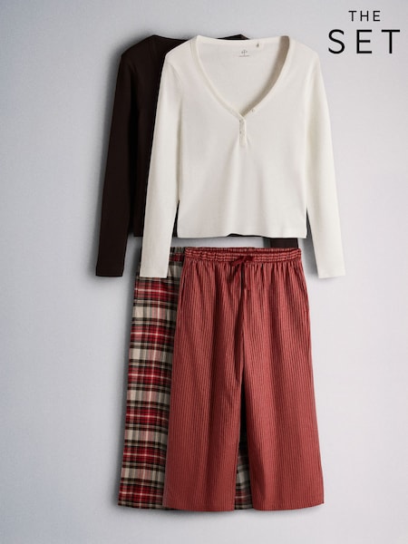 Chocolate Brown Check/Cream Red Stripe - The Set 2 Pack Henley And Flannel Pyjamas Set