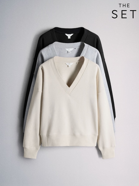 Szary/czarny/szary melanżowy - The Set V-neck Cotton Loopback Crew Neck Sweatshirts 3 Pack