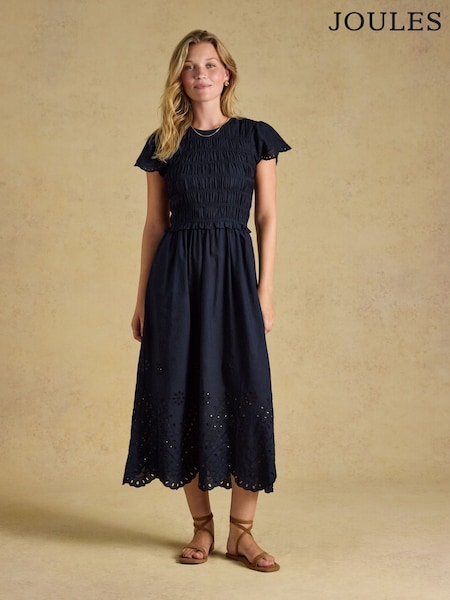 Navy - Joules Silvie Broderie Midi Dress