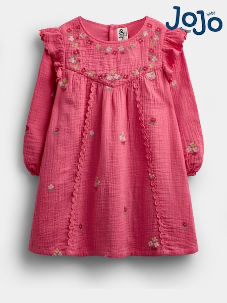 Rust Orange Floral - Jojo Maman Bébé Cross Stitch Ruffle Sleeve Dress