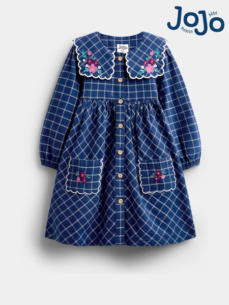 Navy Blue Floral - Jojo Maman Bébé Embroidered Check Collar Dress