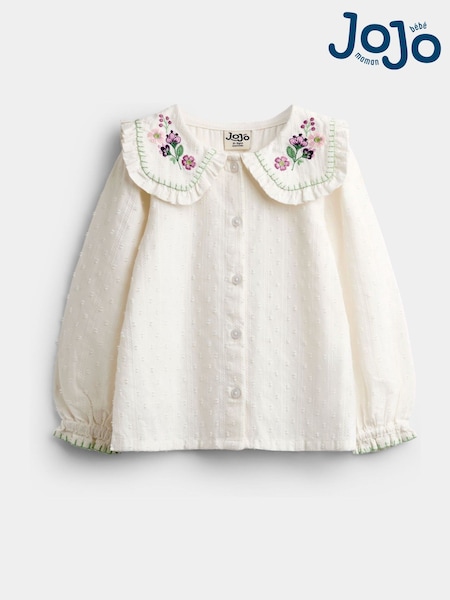 Krem Çiçəkli - Jojo Maman Bébé Textured Embroidered Collar Blouse