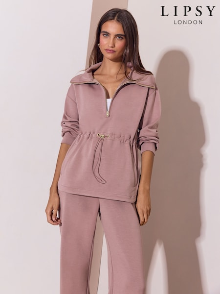Mocha Brown - Lipsy Modal Funnel Neck Quarter Zip Loungewear Sweatshirt