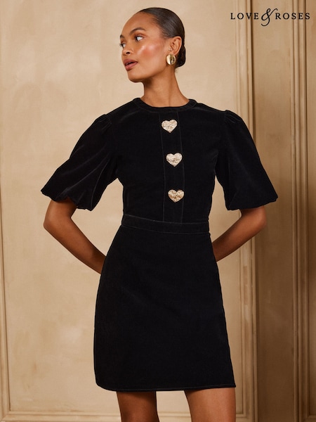 Black - Love & Roses Tailored Heart Button Puff Sleeve Velvet Mini Dress