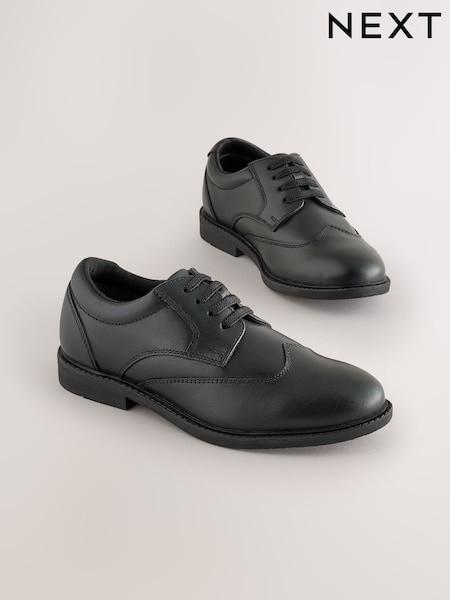 Black - Smart Leather Elastic Lace School Shoes