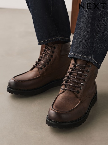Brown - Regular Leather Apron Wedge Boots