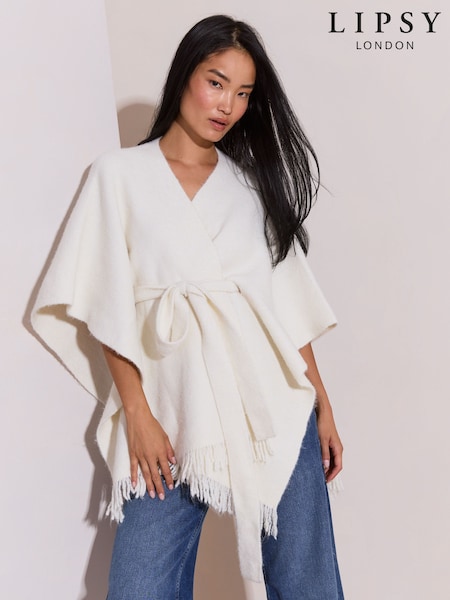 Cream - Lipsy Soft Touch Belted Fringe Cape Poncho