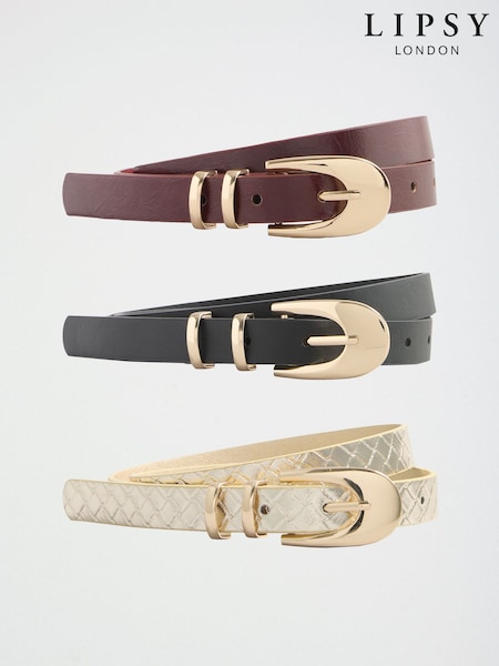 Gold Weave/Burgundy and Black - Lipsy Skinny Belts 3 Pack