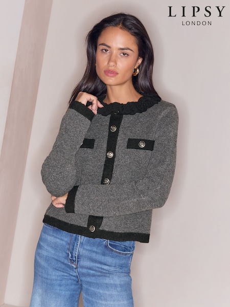 Grey - Lipsy Broderie Collar Knitted Cardigan