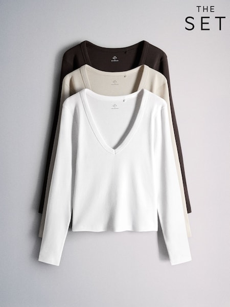 Brown/Neutra/White - The Set 3 Pack V-neck Long Sleeve Ribbed T-shirts