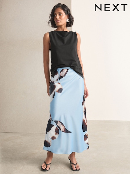 Light Blue/Black Floral Print - Satin Midi Skirt