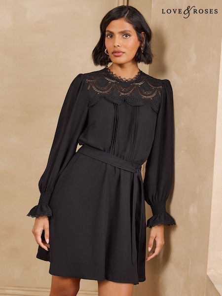 Black - Love & Roses Lace Yoke Detail Belted Mini Dress