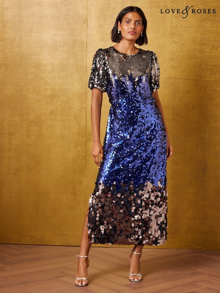 Cobalt Blue - Love & Roses Ombre Sequin Midi Dress