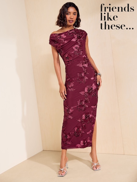 Berry Red - Friends Like These Lace Detail One Shoulder Midi Dress