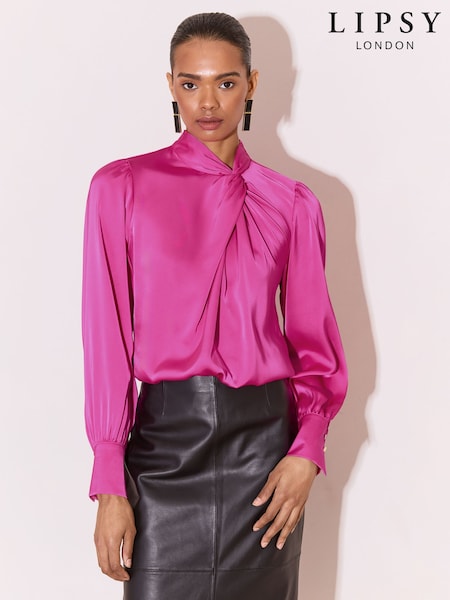 핑크 - Lipsy Satin Twist Neck Long Sleeve Blouse