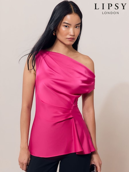 Fuchsia Pink - Lipsy Satin One Shoulder Draped Top