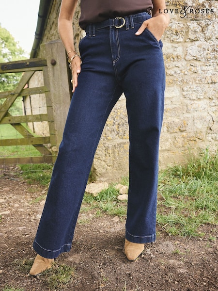 Rinse Wash Blue - Love & Roses Wide Leg Belted Tailored Jeans
