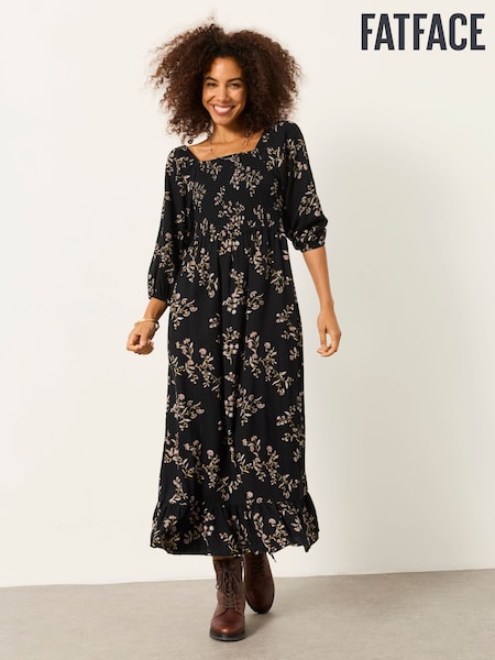 Black Vintage Floral - Fatface Midi Šaty