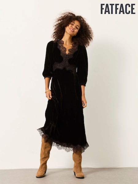 Chocolate Brown - Fatface Velvet Midi Dress