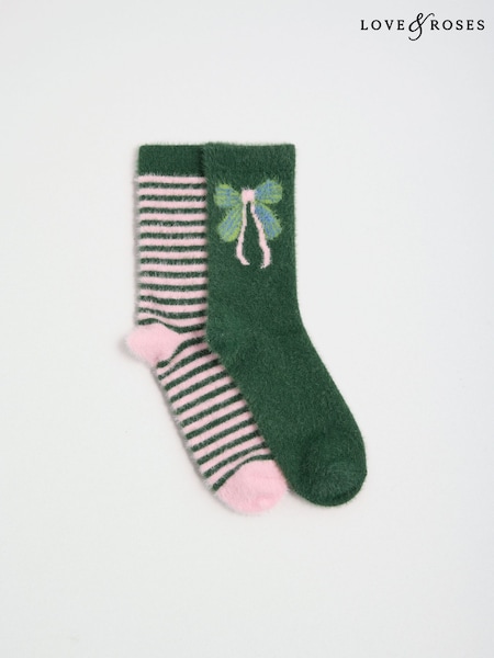 Dark Green Bow Stripe - Love & Roses Cosy Soft Eyelash Slipper Socks 2 Pack