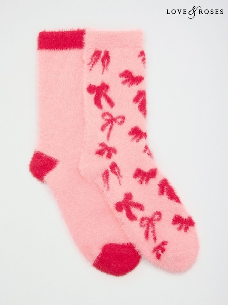 Red and Pink Bow - Love & Roses Cosy Soft Eyelash Slipper Socks 2 Pack