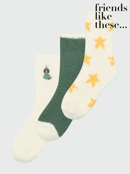Cream and Green Christmas Dog - Friends Like These Cosy Slipper Socks 3 Pack