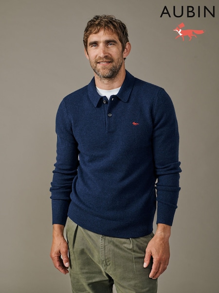 Blue - Regular Aubin Blue Shore Lambswool Long Sleeve Knitted Polo Jumper