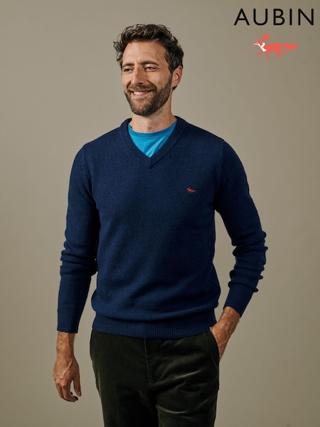 Blue - Regular Aubin Bransbury Lambswool V-neck Jumper