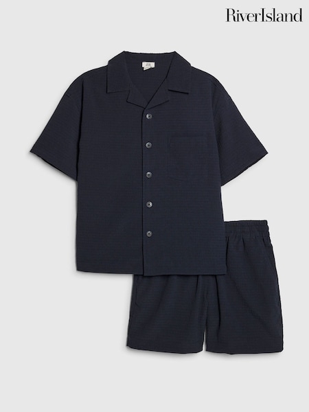 Navy - River Island Textured Revere Shirt & Shorts Set