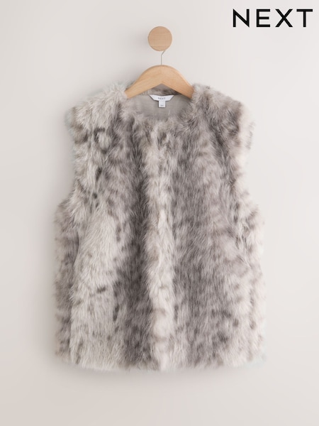 Grey - Animal Print Faux Fur Gilet