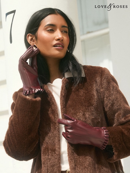 Burgundy Red - Love & Roses Frill Faux Leather Gloves