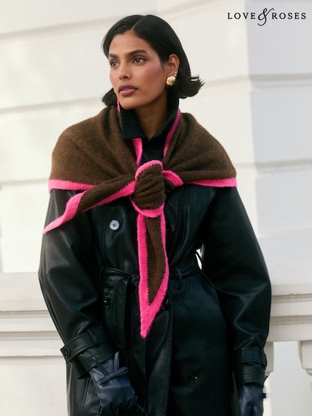 Chocolate Brown and Pink - Love & Roses Contrast Border Triangle Scarf