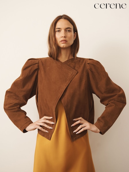 بني فاتح بني - Cerene Real Suede Puff Sleeve Jacket