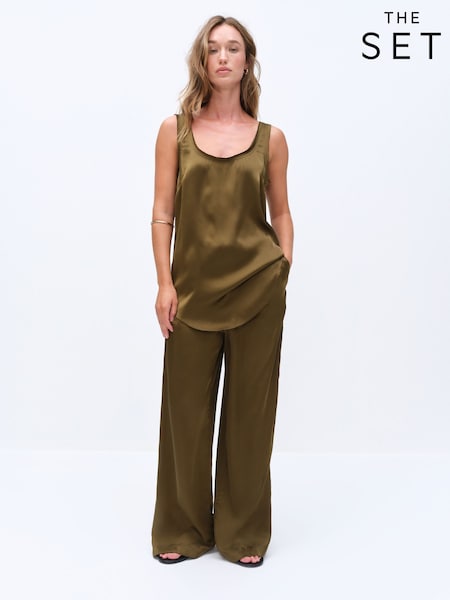 Xaki Yaşıl - The Set Satin Tank Top And Wide Leg Trousers Co-ord